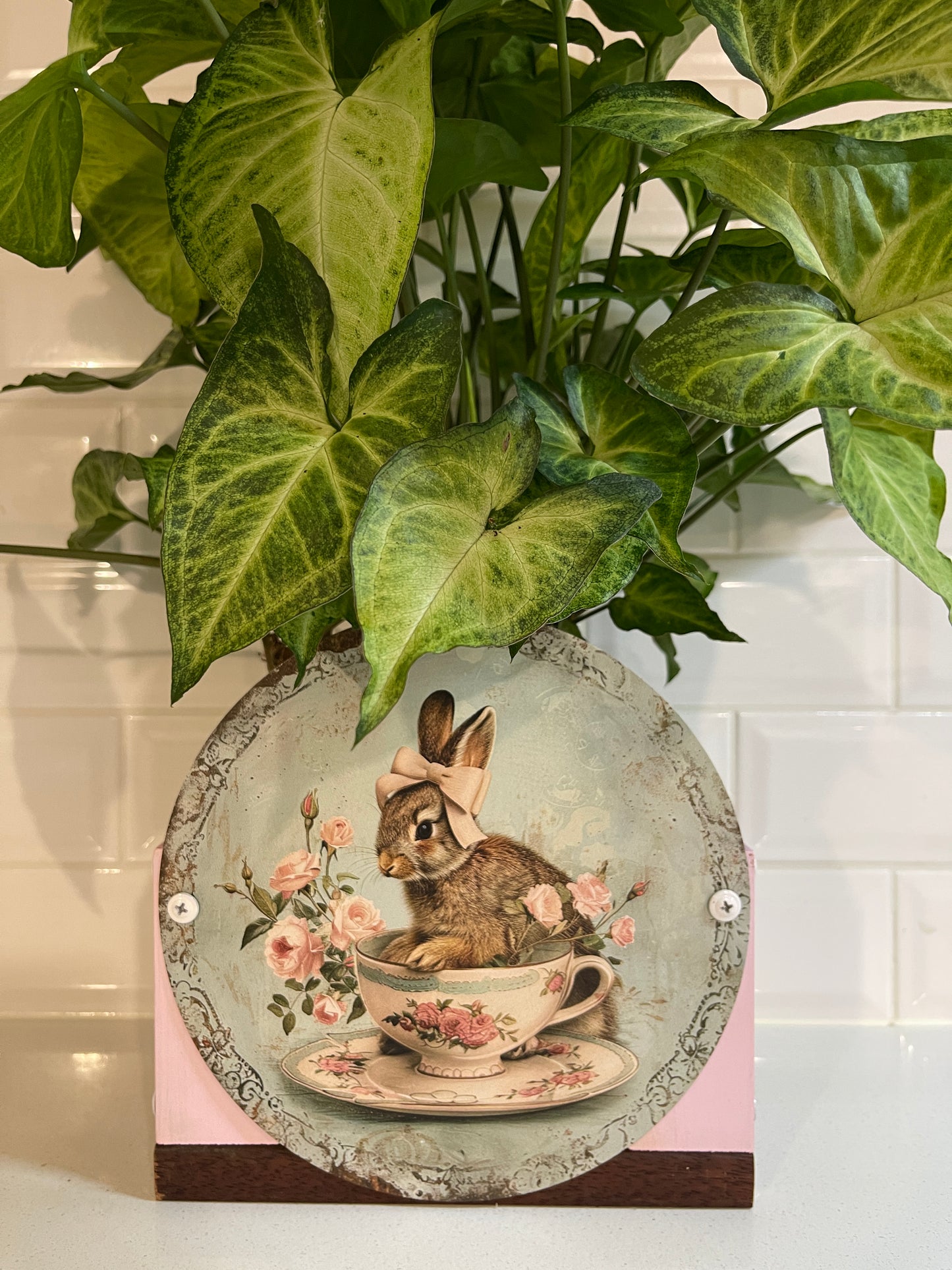 Pink Bunny Tin Decorative Planter Box