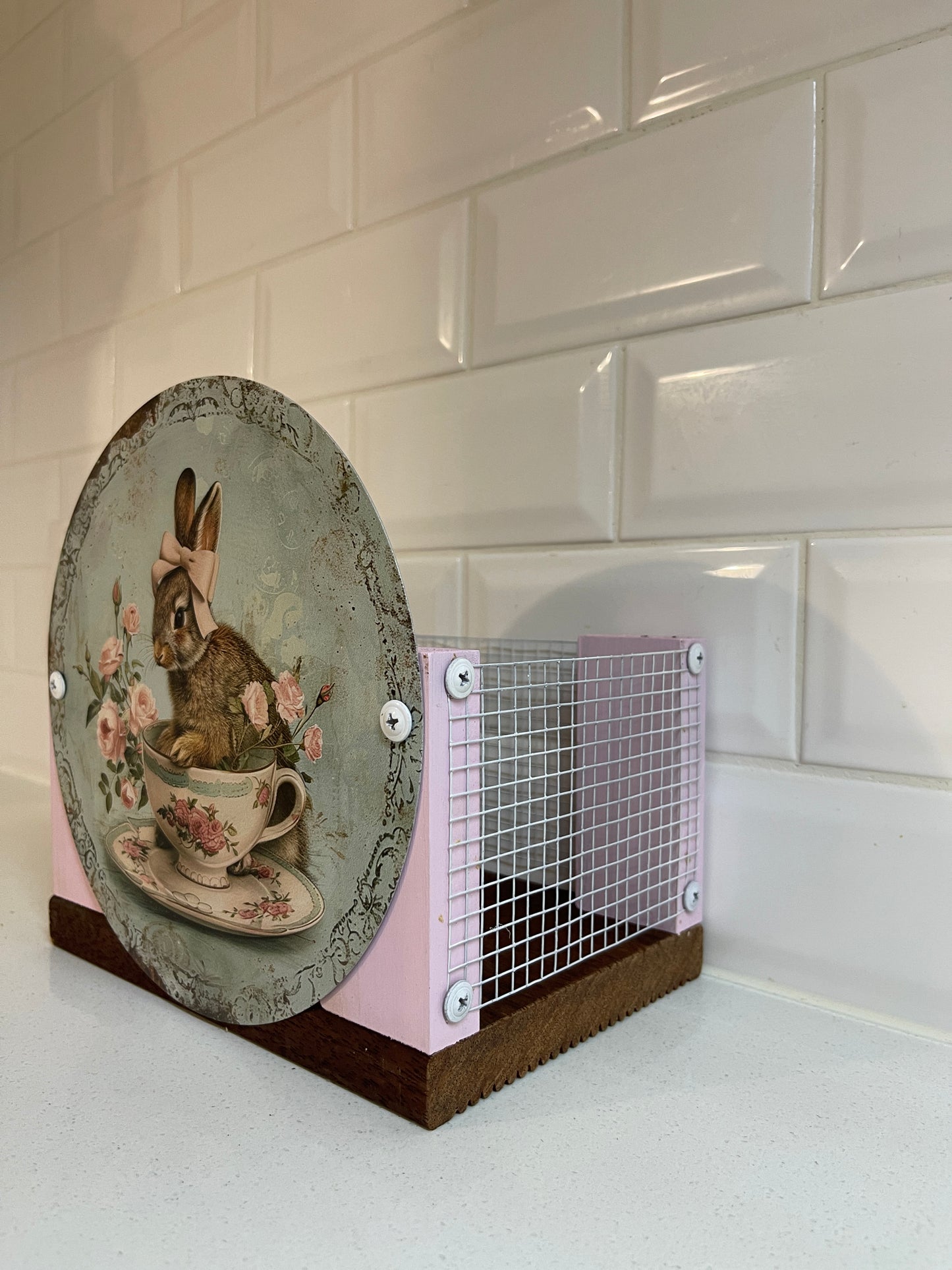 Pink Bunny Tin Decorative Planter Box